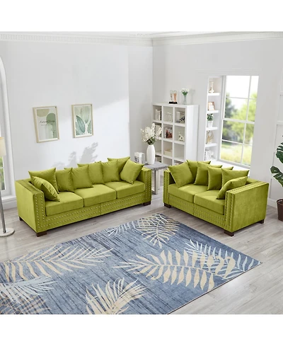 Streamdale Furniture Green Velvet Sofa 2+3 Seater, Silver Nailhead Trim
