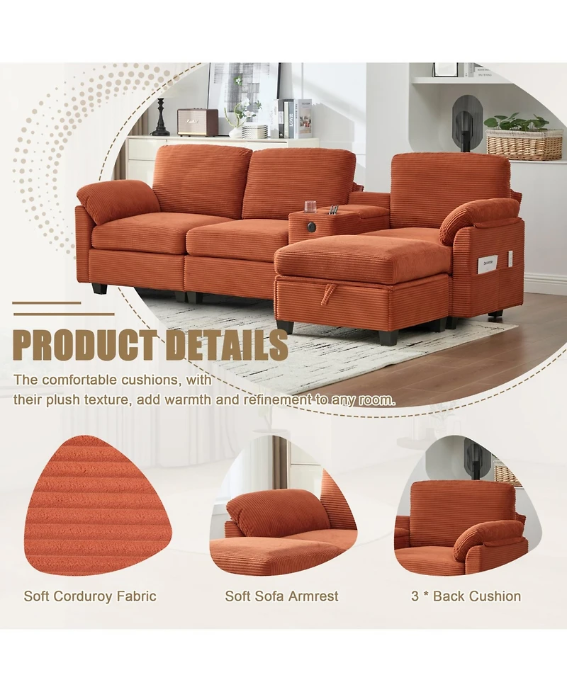Streamdale Furniture L-Shape Corduroy Sofa- 4-Seater, Usb, Storage, Console & Ottoman
