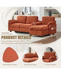 Streamdale Furniture L-Shape Corduroy Sofa- 4-Seater, Usb, Storage, Console & Ottoman