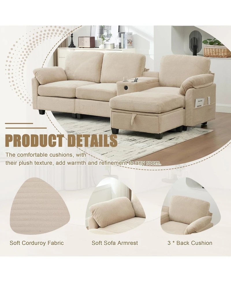 Streamdale Furniture L-Shape Corduroy Sofa- 4-Seater, Usb, Storage, Console & Ottoman