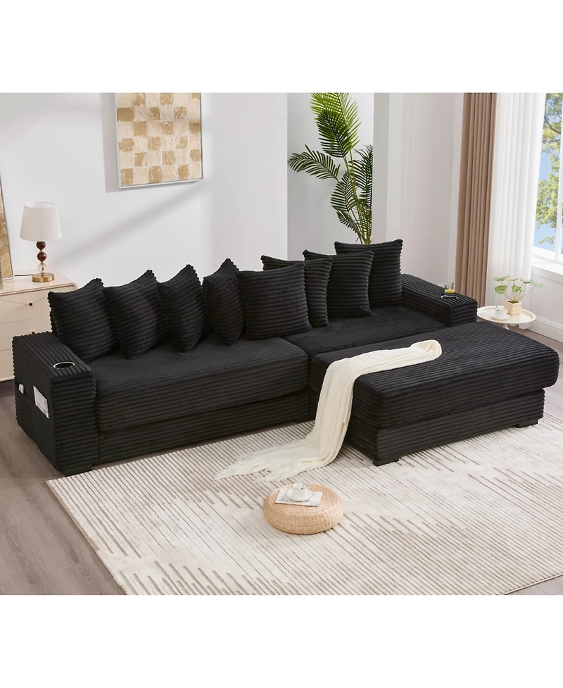 Streamdale Furniture Corduroy L-Shaped Sectional Sofa Bed with Ottoman, Pillows & Cup Holders - Black