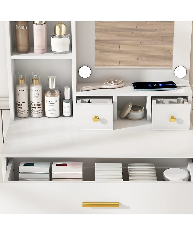 Streamdale Furniture Vanity Table with Led Lights, Power, Hairdryer Holder & Stool - White