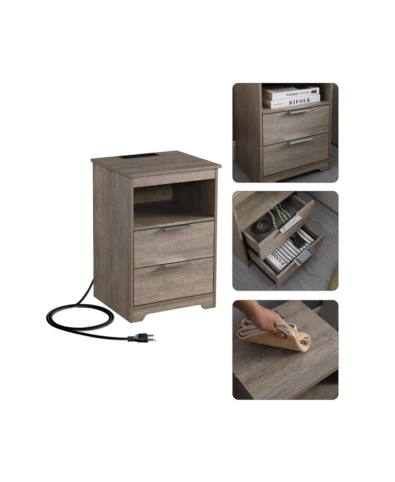 Streamdale Furniture Nightstand with Charging, 2 Drawers & Shelf