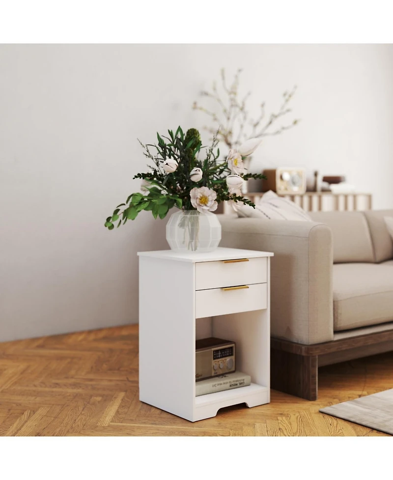 Streamdale Furniture White Nightstand with 2 Drawers & Golden Handle