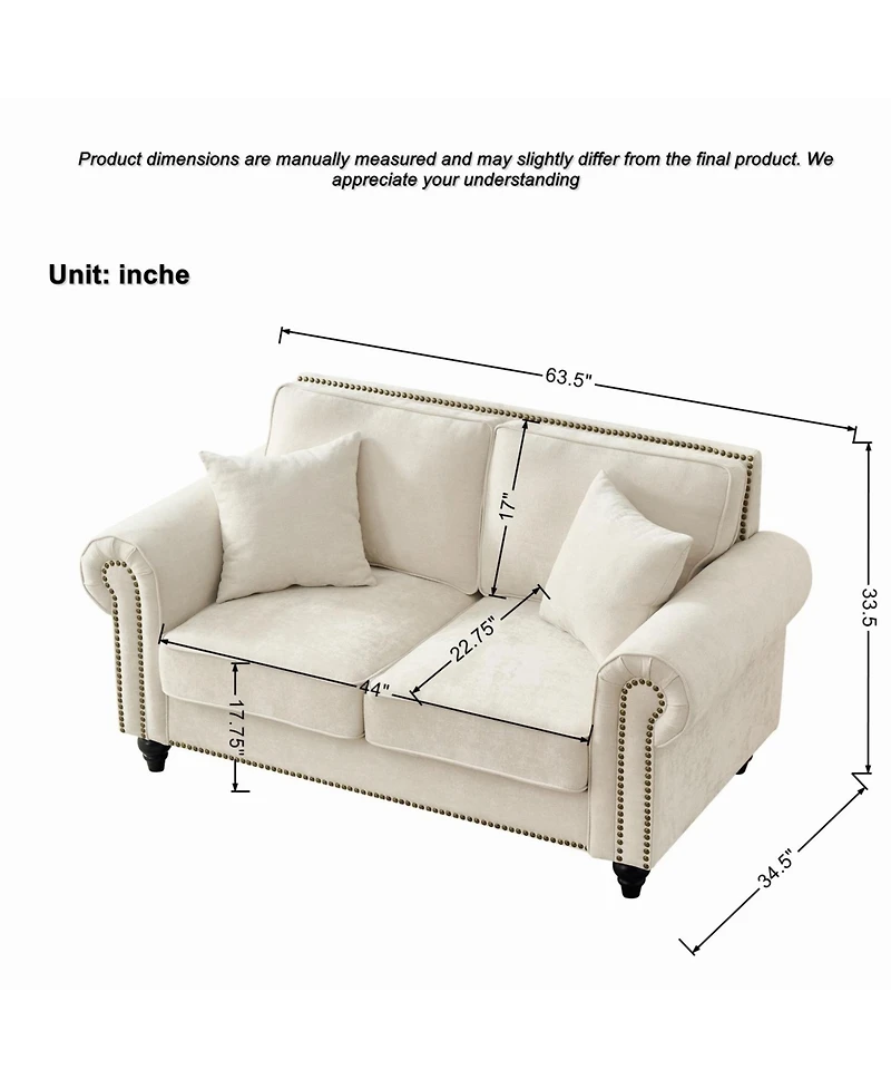 Streamdale Furniture 63" Modern Chenille Sofa - Rolled Arms, Nailhead Trim - Beige