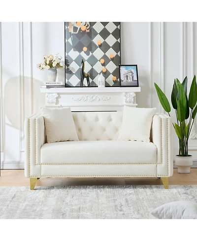 Streamdale Furniture 58" Chesterfield Velvet Sofa, 2 Seater, Button Nailhead, Beige