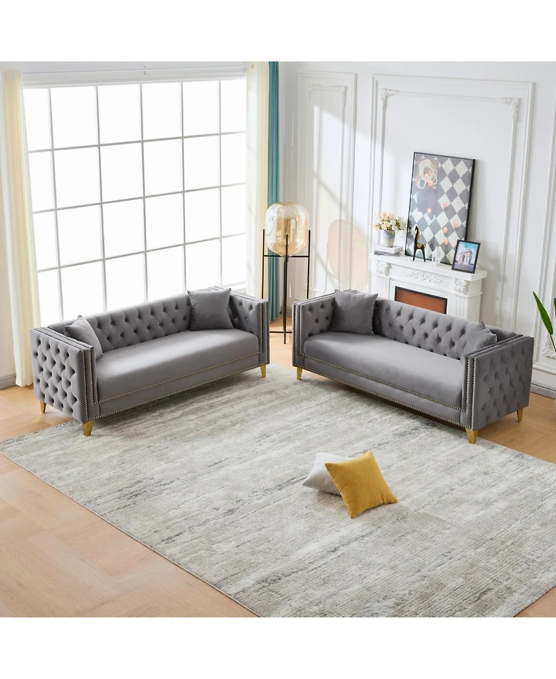 Streamdale Furniture Chesterfield Velvet Sofa, 3+3 Seater, Button Nailhead, Square Arm