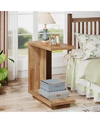 Tribesigns C-Shaped Side Table, 2-Tier Narrow End Wood Bedside Table Nightstand for Bedroom, Industrial Sofa Living Room, Brown