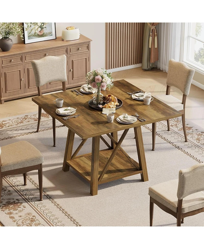 Tribesigns Square Dining Table for 4, Farmhouse Kitchen Table with Shelf Storage, Dinner Furniture