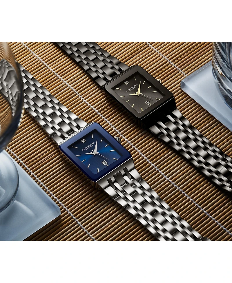 Stuhrling 4084 Modern Rectangular Bracelet Watch - Sunray Dial, Date Display, Slim Stainless Design