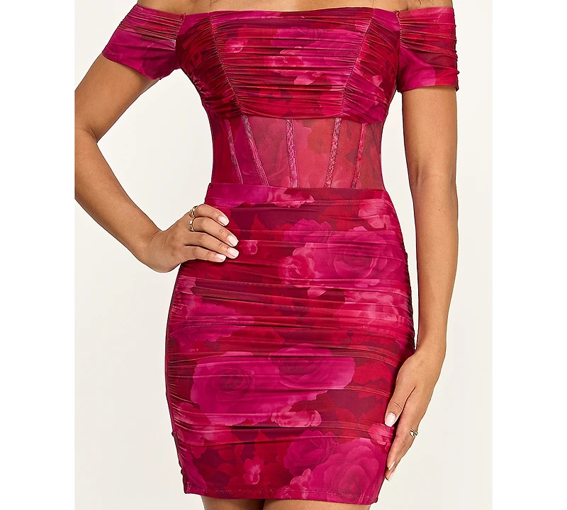 Katia Rae Juniors' Printed Mesh Off-The-Shoulder Short Dress