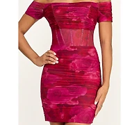 Katia Rae Juniors' Printed Mesh Off-The-Shoulder Short Dress
