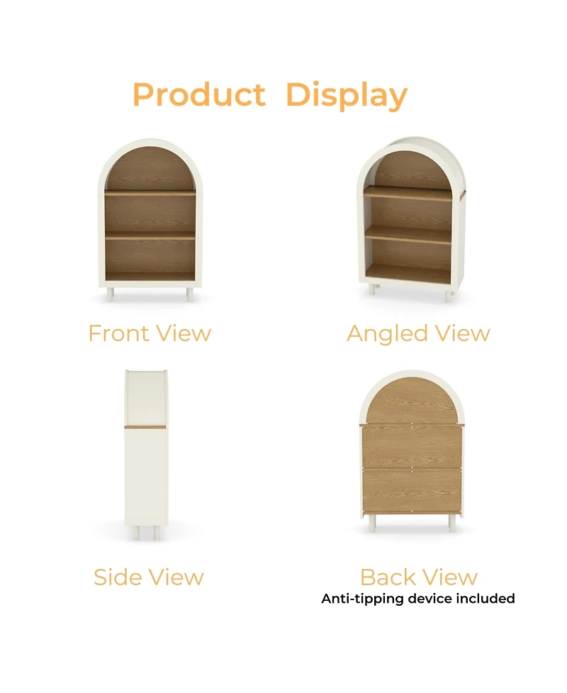 Casainc Arched 3-Tier Storage Cabinet Small Bookcase with 3 Shelves