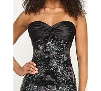 City Studios Juniors' Strapless Twist-Front Sequin Detail Gown