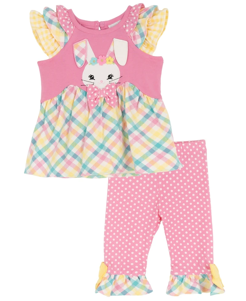 Rare Editions Baby Girls' Bunny Mixed Check Applique Knit Round Neck Top and Polka Dot Leggings, 2-Piece Set