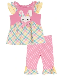 Rare Editions Baby Girls' Bunny Mixed Check Applique Knit Round Neck Top and Polka Dot Leggings, 2-Piece Set