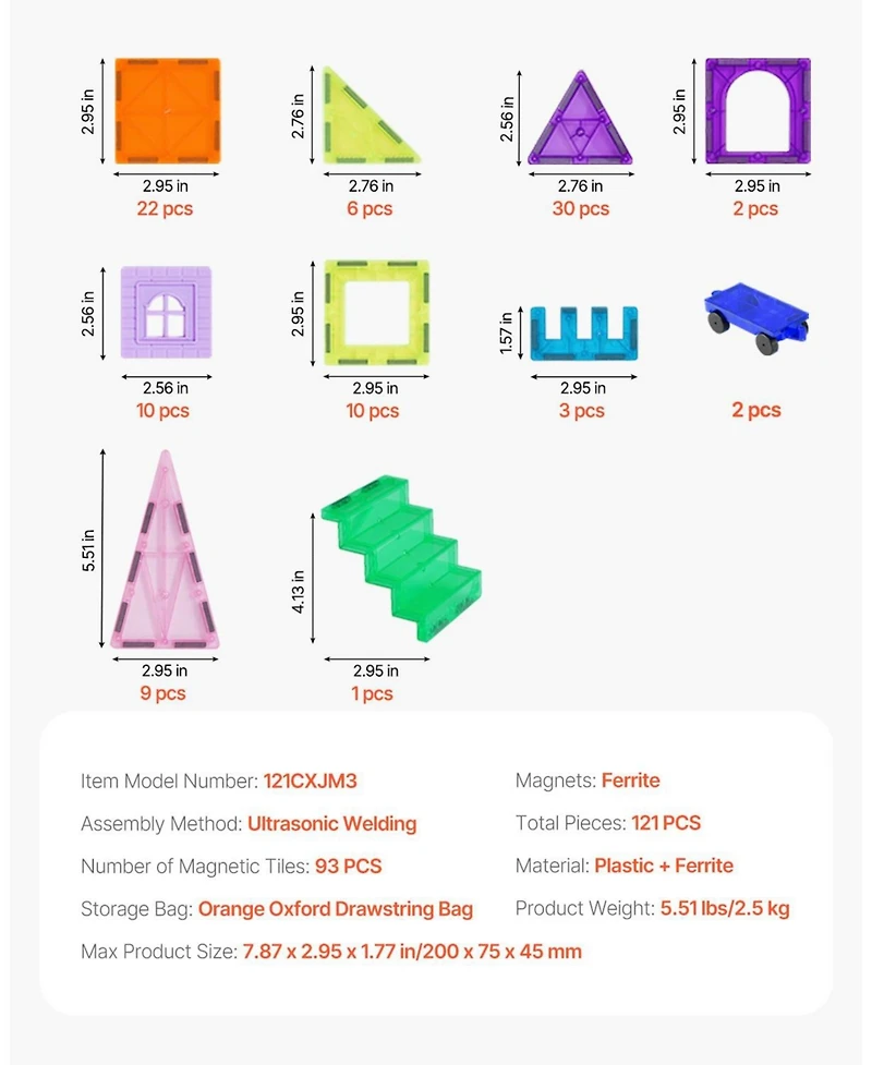 Hongge Magnetic Tiles Building Set for Kids with 121 Pieces Stem Construction Blocks and Car Bases