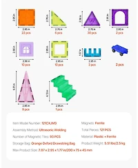 Hongge Magnetic Tiles Building Set for Kids with 121 Pieces Stem Construction Blocks and Car Bases