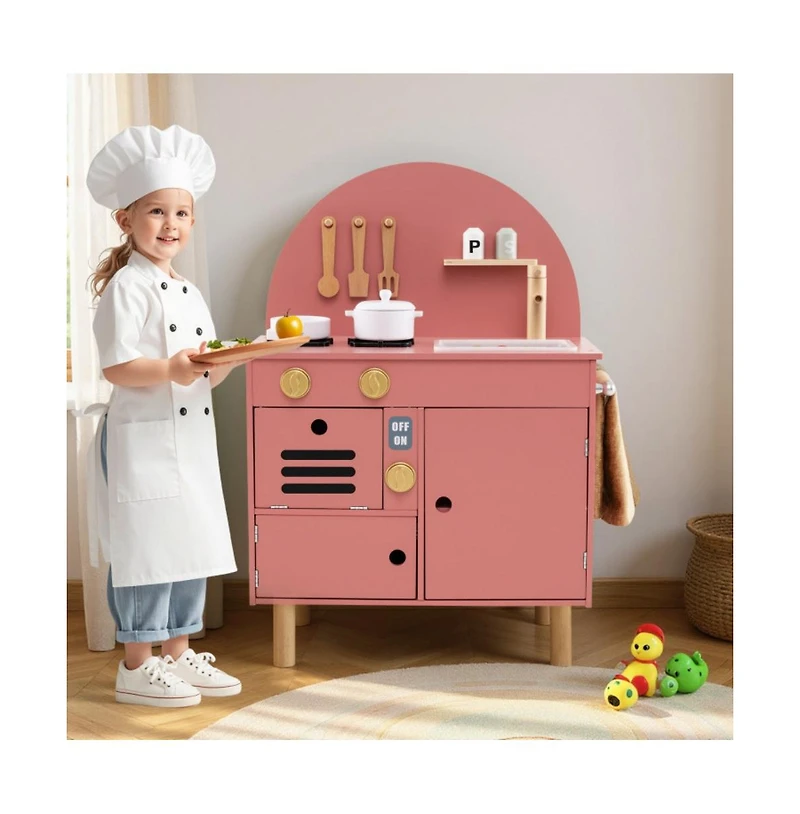 Hongge Wooden Kids Play Kitchen Set with Interactive Cooking Areas and Storage Shelves