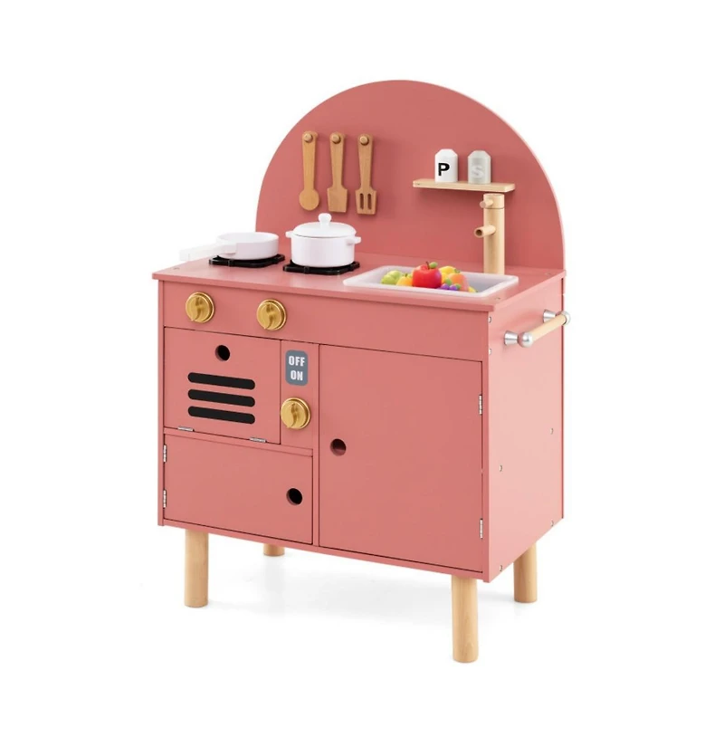 Hongge Wooden Kids Play Kitchen Set with Interactive Cooking Areas and Storage Shelves