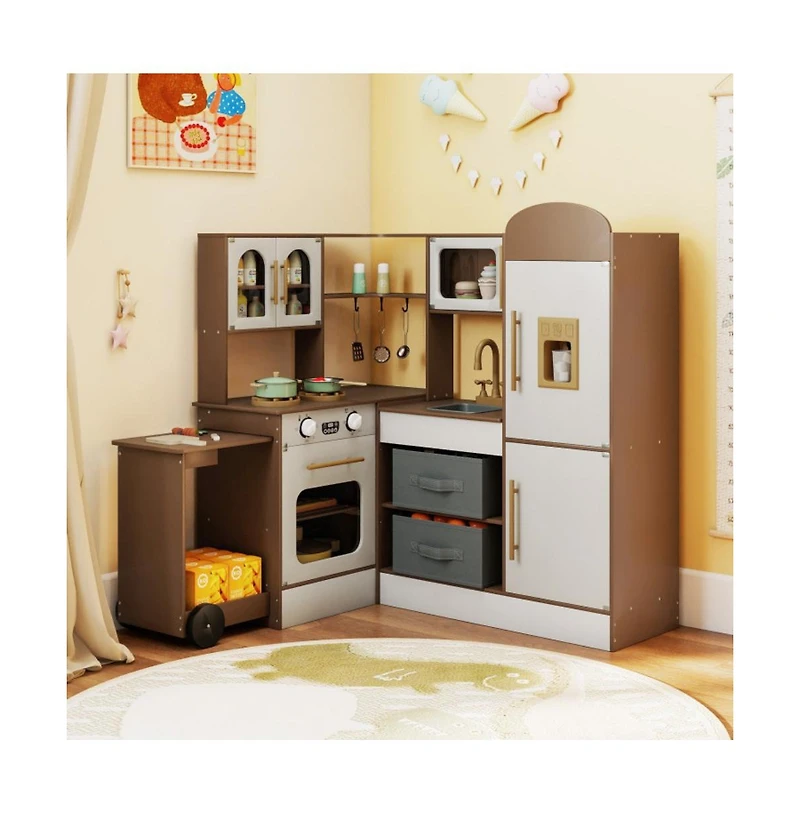 Hongge Kids Corner Wooden Play Kitchen with Lights Sounds Retractable Countertop and Storage