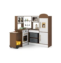 Hongge Kids Corner Wooden Play Kitchen with Lights Sounds Retractable Countertop and Storage