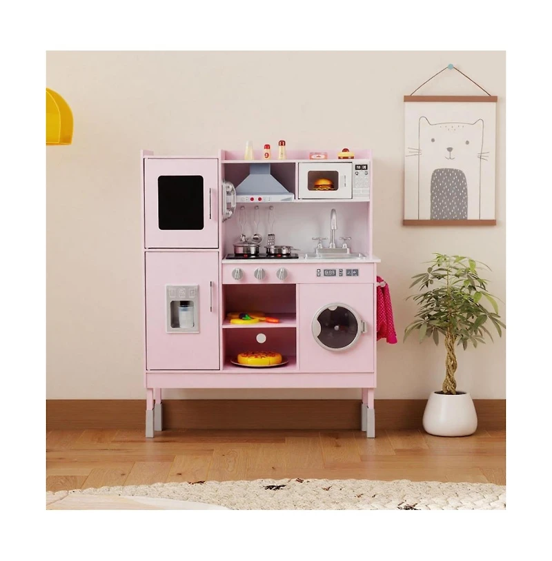 Hongge Kids Play Kitchen with Range Hood Ice Maker and Telephone