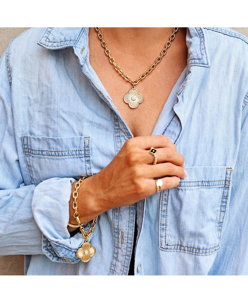 Bowood Lane 25mm Clover Charm with Micro Pave Cz Center On A Gold Plated Oval Chain Bracelet