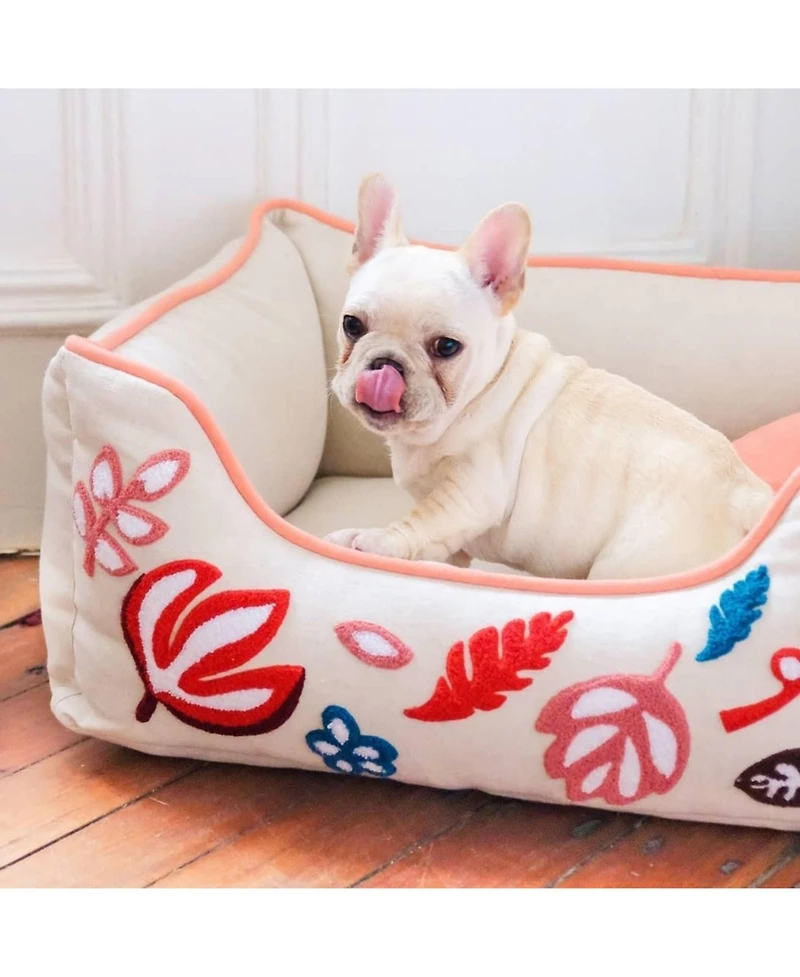 Blueberry Pet Plush Chenille-Embroidered Linen Dog Bed, Removable Washable Cover, with Squeaky Pillow Baby Pink