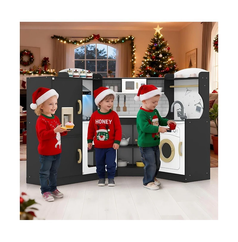 Kids Wooden Corner Play Kitchen Set with Storage and Pretend Cooking Features