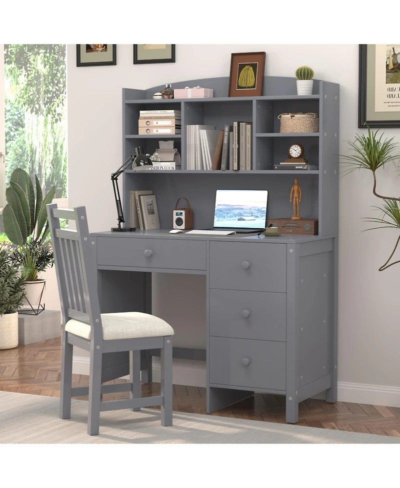 Streamdale Furniture Vintage Home Desk & Chair Set w/ Bookshelf & Drawers - Gray