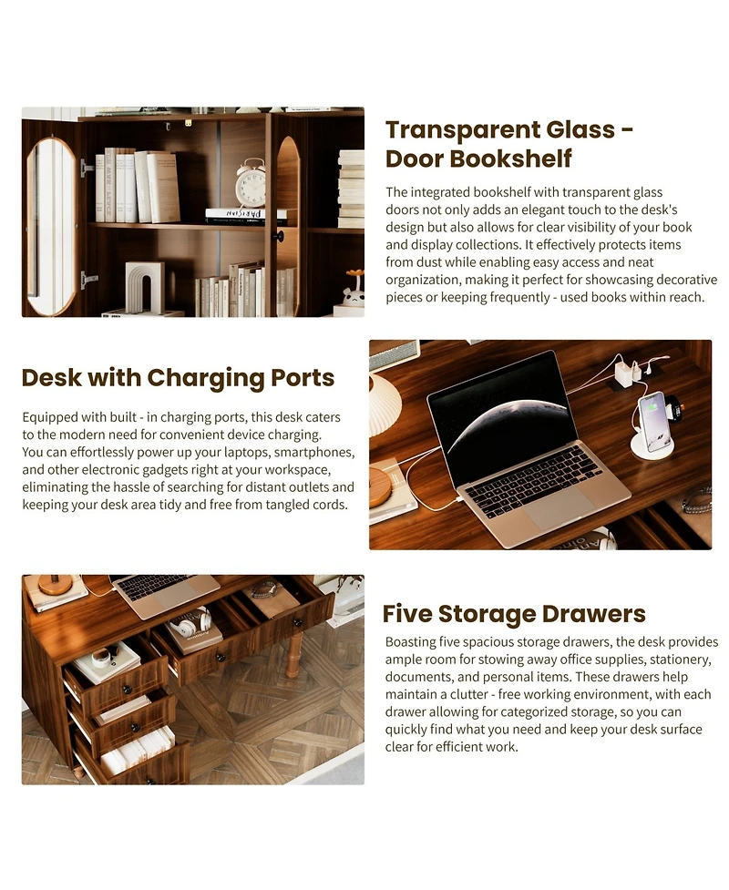 Streamdale Furniture 47" Retro Desk with Hutch, Charging, Drawers & Glass-Door Bookshelf, Walnut