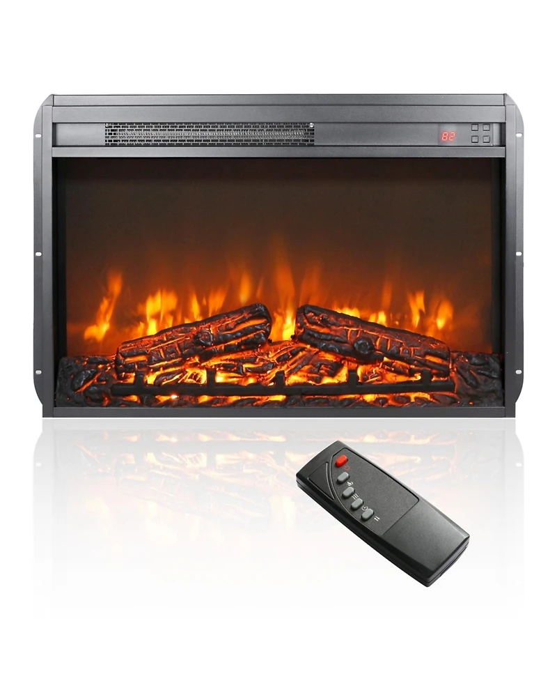 Flynama 26 inch electric fireplace insert, ultra thin heater with log set & realistic flame, remote control with timer, overheating protection