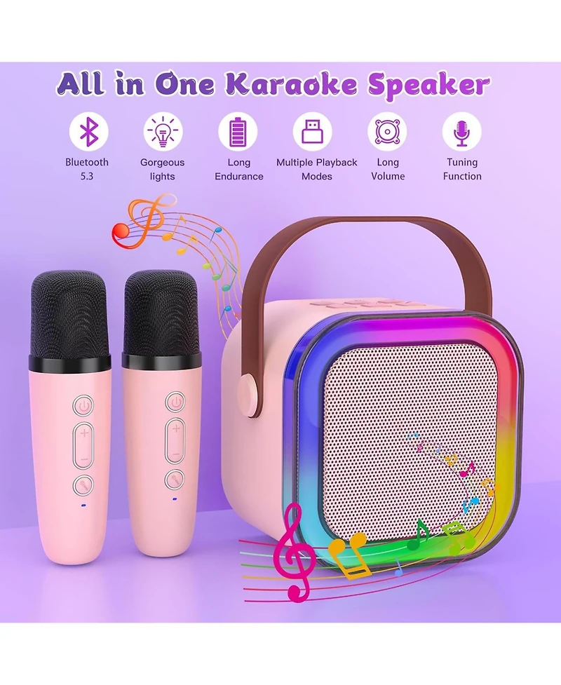 ZealSound Mini Karaoke Machine for Kids Portable Bluetooth Speaker with 2 Wireless Microphones Led Lights Christmas Birthday Gift Toys Pink