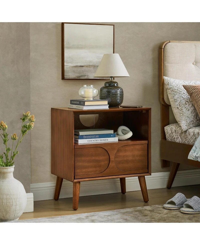 Streamdale Furniture Mid Century Modern Nightstand with Usb & Drawer Walnut