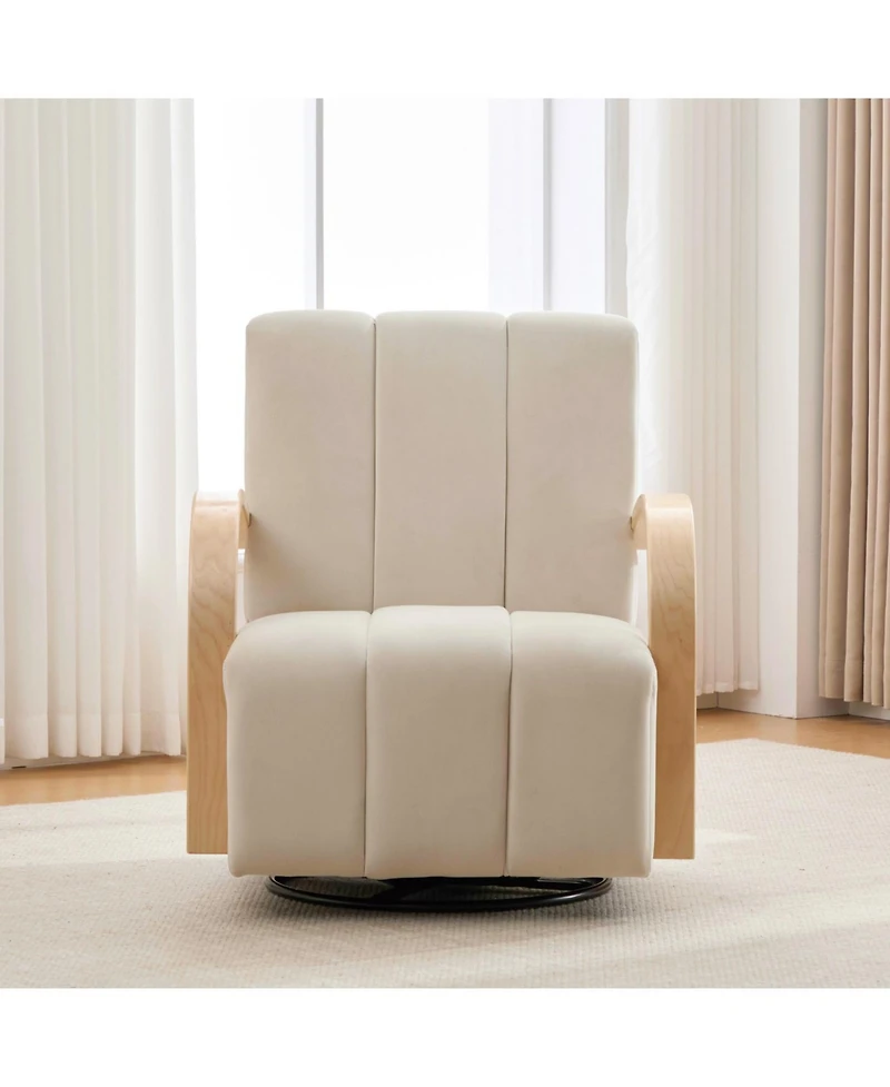 Streamdale Furniture 30.7" Swivel Accent Chair - Channel Tufted, Wood Armrests - Beige