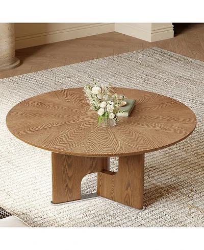 Streamdale Furniture 31.5 Inches Round Rustic Ash Wood Veneer Coffee Table for Small Living Room