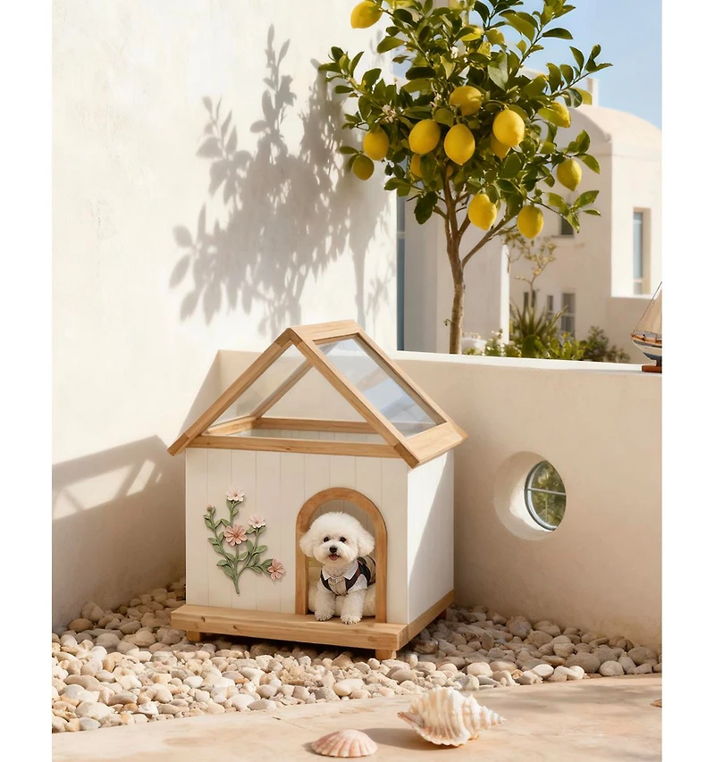 Zeus & Ruta Fsc Cedar Floral Carved Transparent Roof Cat House