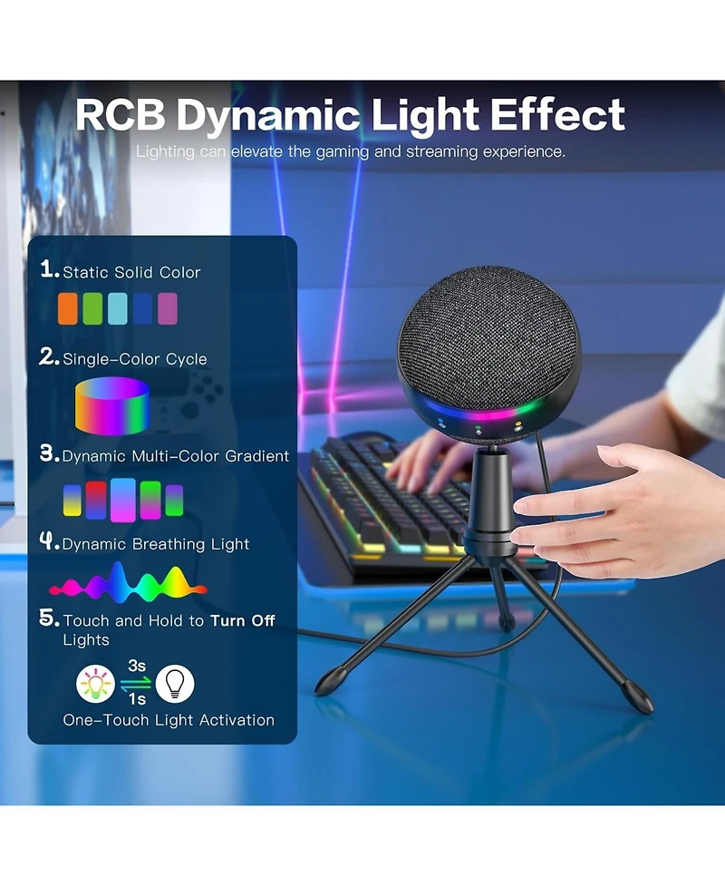 ZealSound Rgb Usb Microphone for iPhone Pc Gaming Noise Cancellation Touch Mute Echo Volume Gain Monitor for Podcast Zoom YouTube Streaming