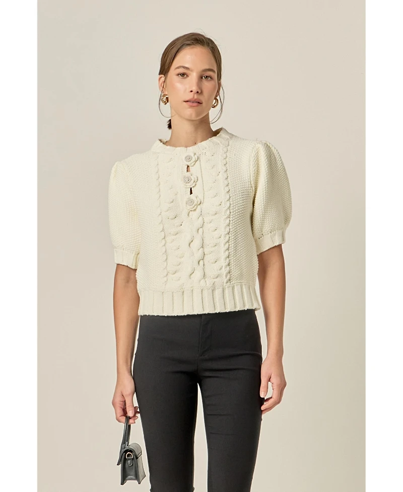 English Factory Women's Cable Puff Sleeve Knit with Flower Details