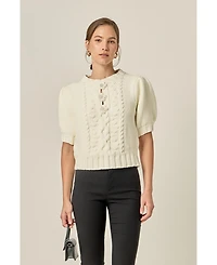 English Factory Women's Cable Puff Sleeve Knit with Flower Details