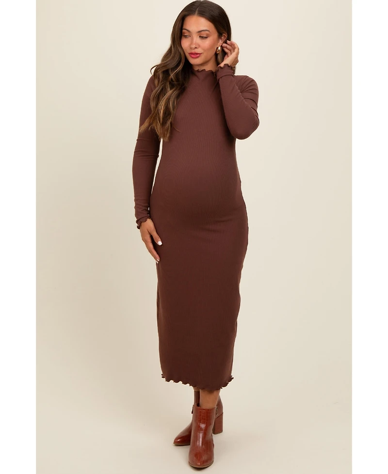 Pinkblush Maternity Brown Ruffle Mock Neck Long Sleeve Midi Dress