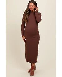 Pinkblush Maternity Brown Ruffle Mock Neck Long Sleeve Midi Dress