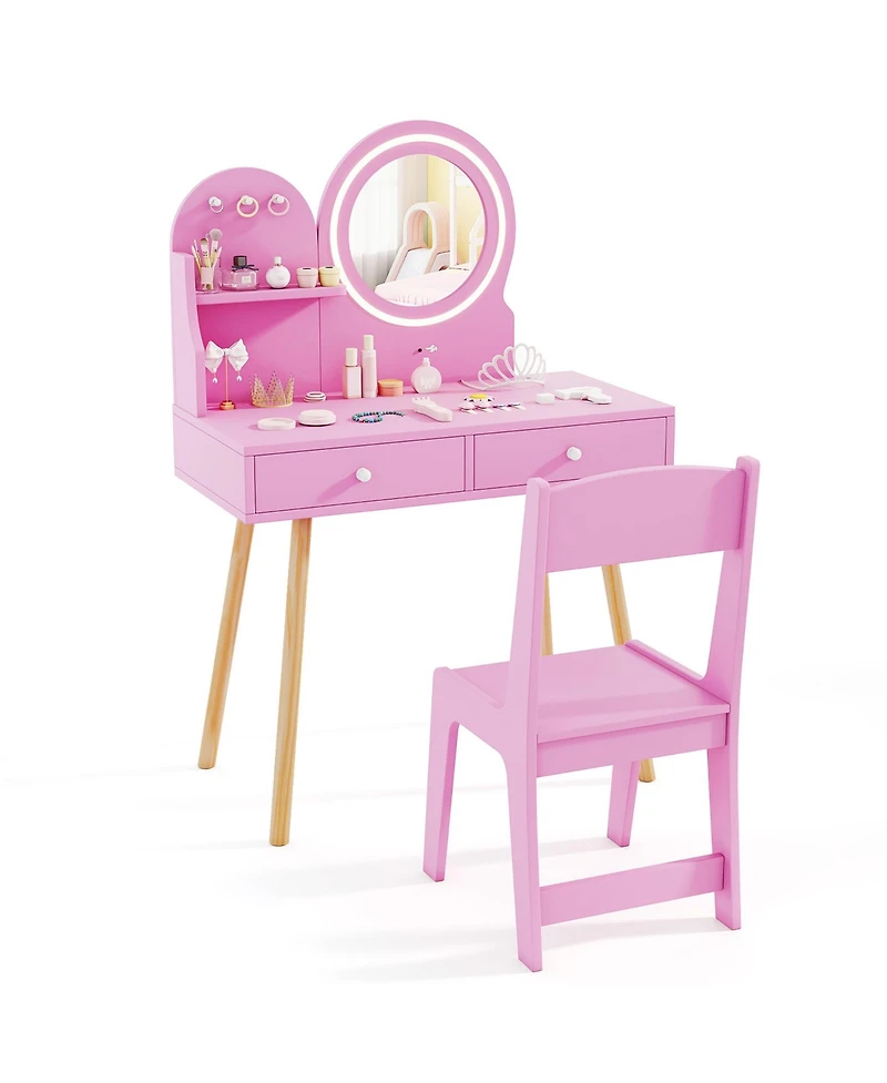 Gymax Kids Vanity Set with Lighted Mirror Princess Makeup Dressing Desk & Chair