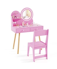 Gymax Kids Vanity Set with Lighted Mirror Princess Makeup Dressing Desk & Chair