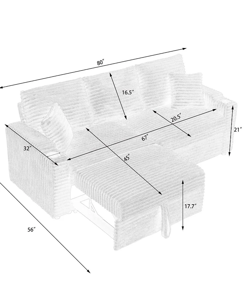 Maison Boucle 80" Pull-Out Corduroy Sleeper Sofa Bed with Cup Holders & Pillows for Living Room or Apartment