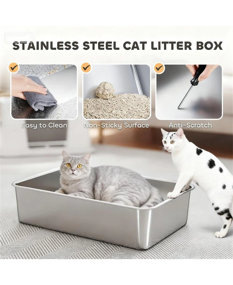 Aostirmotor Modern Stainless Steel Litter Box Cabinet: Seamless Top/Side Dual Entry for Cats in Light Gray