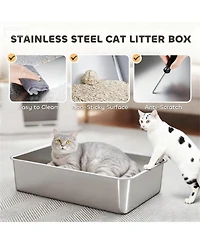 Aostirmotor Modern Stainless Steel Litter Box Cabinet: Seamless Top/Side Dual Entry for Cats in Light Gray
