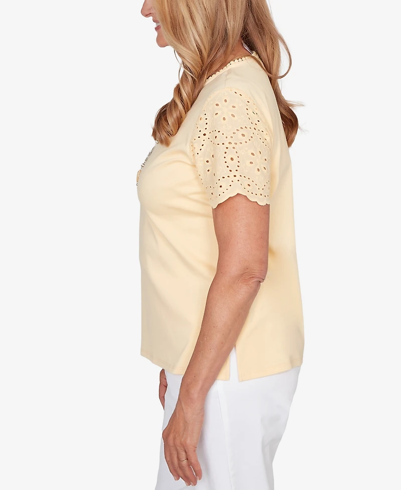 Alfred Dunner Petite Classic Solid Eyelet Sleeve Top with Necklace
