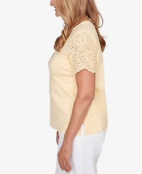 Alfred Dunner Petite Classic Solid Eyelet Sleeve Top with Necklace